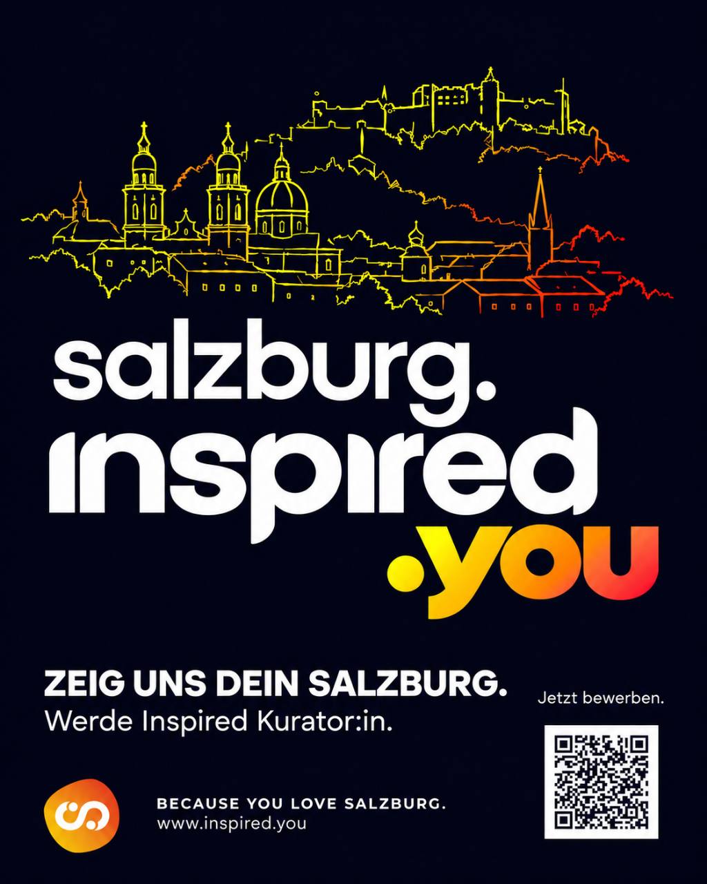 Salzburgs Skyline in Gelb und Orange auf inspired Dunkelblau. Darunter: salzburg. inspired.you.